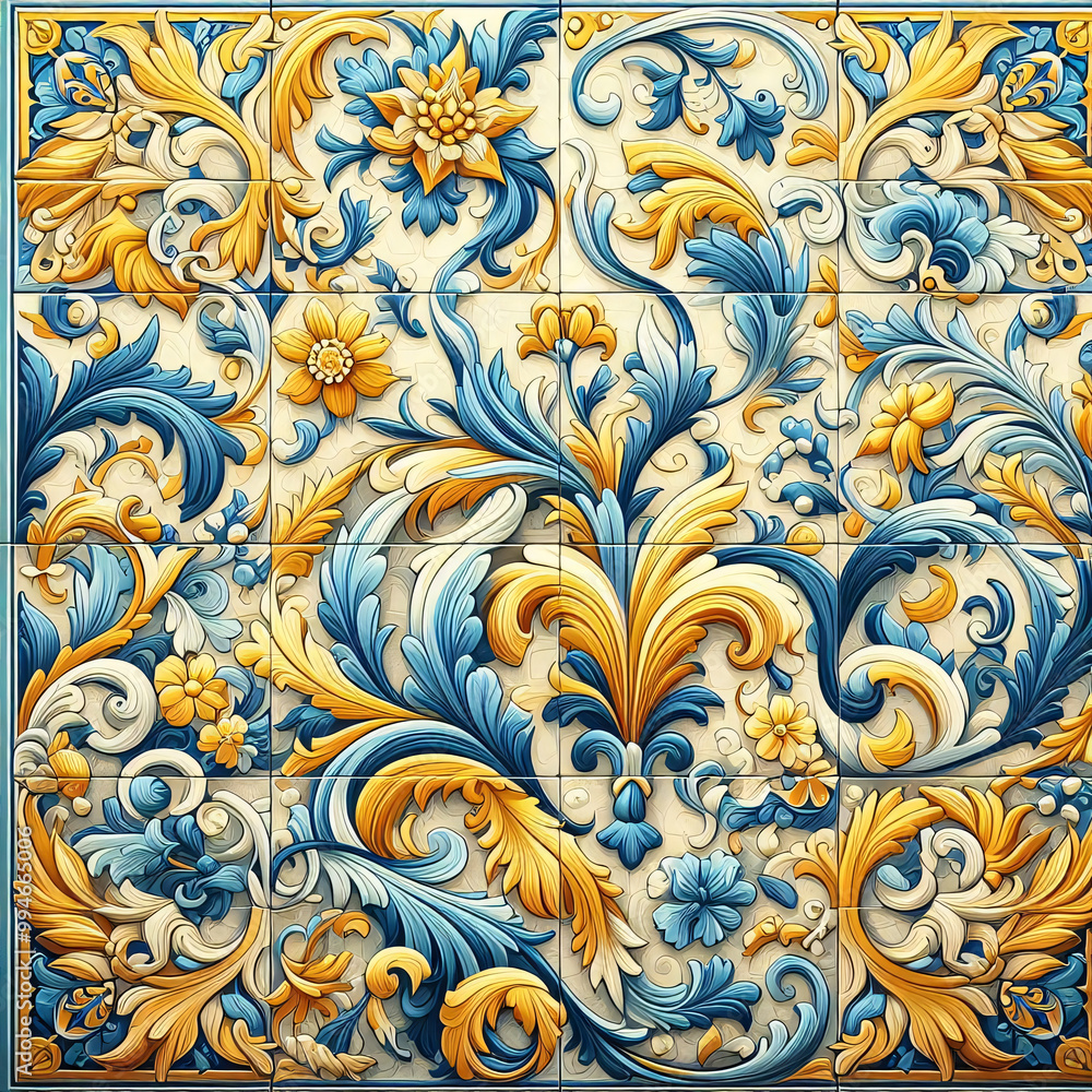 Intricate blue and yellow floral patterns adorn a tiled wall Intricate blue and yellow floral patterns adorn a tiled wall