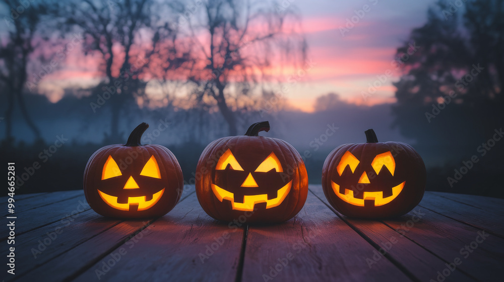 pumpkins with warm orange light glowing from within. The pumpkins are positioned on a wooden surface pumpkins with warm orange light glowing from within. The pumpkins are positioned on a wooden surface