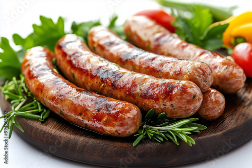 Roasted sausages accompanied by fresh peppers, tomatoes and herbs on wooden board on white background. photo