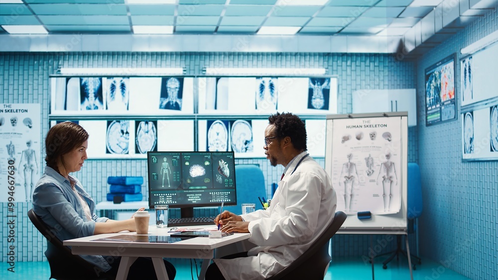 Male physician doing an x ray diagnostics scan interpretation during check up visit, discussing about recovery treatment in cabinet. Doctor examining radiography test results for a patient. Camera B. Male physician doing an x ray diagnostics scan interpretation during check up visit, discussing about recovery treatment in cabinet. Doctor examining radiography test results for a patient. Camera B.
