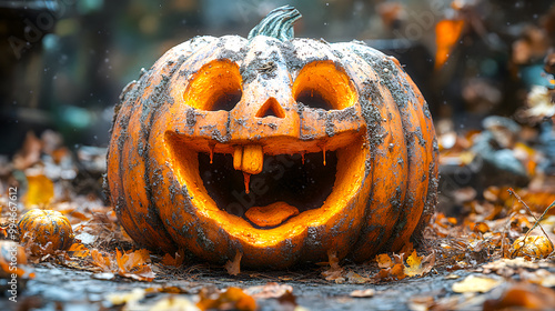 Abstract illustration of a Smiling Pumpkin with several teeth. A friendly pumpkin with a cheerful face. Halloween. Pumpkin in an autumn leafy atmosphere. photo