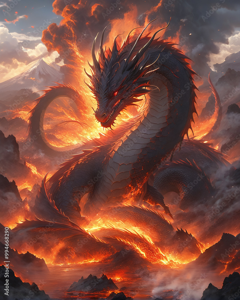 A fearsome red dragon emerges from a fiery volcanic landscape, its ...