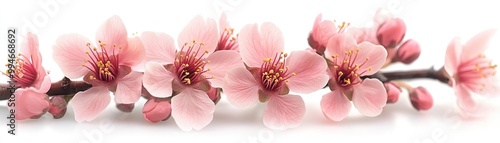 Delicate pink cherry blossom branch showcasing beautiful flowers and budding petals against a soft, neutral background.