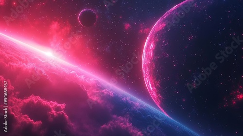 A vibrant cosmic scene showcasing colorful planets and luminous clouds in deep space, perfect for science fiction themes and backgrounds.