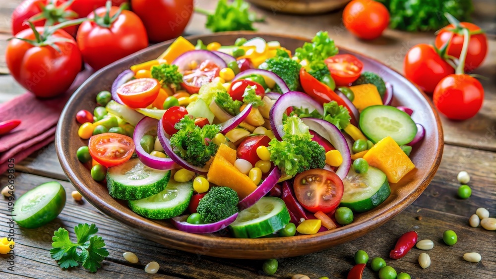 Fresh salad with tomatoes, cucumber, avocado, red onion, lettuce and herbs seasoned with olive oil and spices on wooden kitchen table Fresh salad with tomatoes, cucumber, avocado, red onion, lettuce and herbs seasoned with olive oil and spices on wooden kitchen table