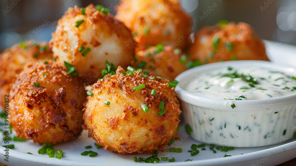 Mac and cheese bites served with a side of ranch dressing, captured using an ultra HD camera with a ring light for even illumination Mac and cheese bites served with a side of ranch dressing, captured using an ultra HD camera with a ring light for even illumination