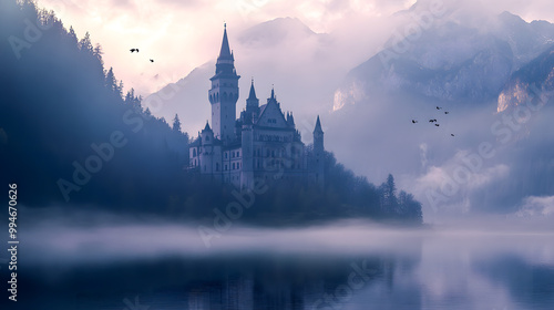 Spooky Haunted Castle Shrouded in Mist Over a Lake During Halloween in the morning