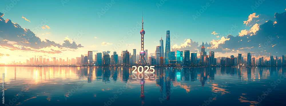 Obraz premium 3D text “2025” on background sea and sunset sky and cityscape. New Year Theme. 