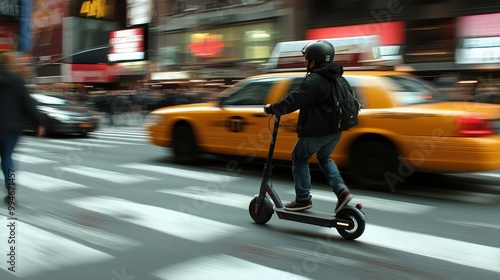 Electric scooter rider hit by a taxi in a crosswalk, with pedestrians rushing to help photo