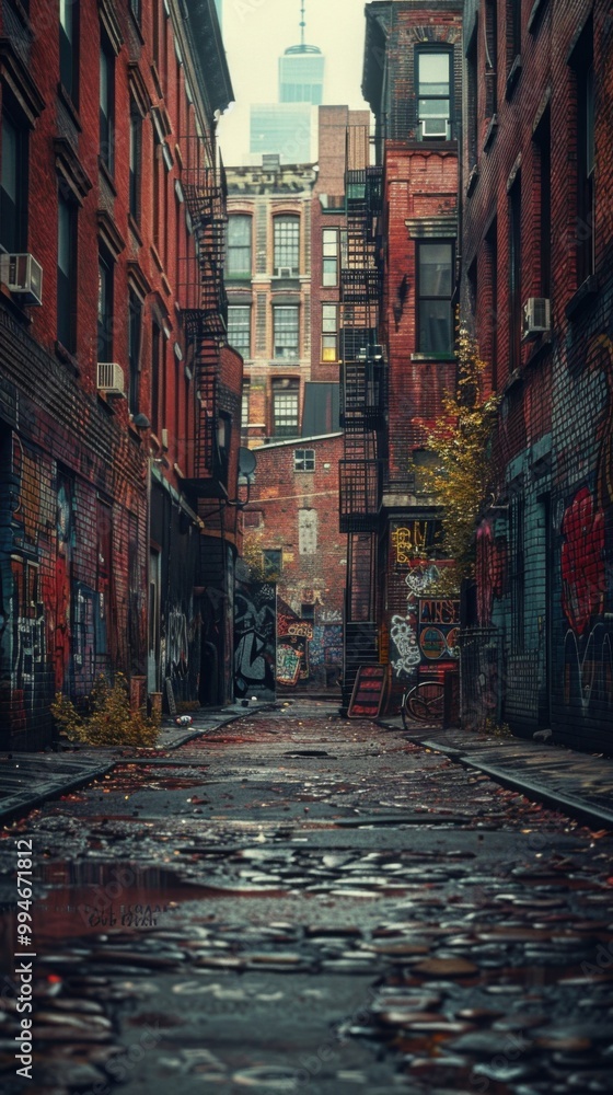 Wet street with graffiti on it and a building in the background Wet street with graffiti on it and a building in the background