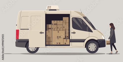 Person organizing boxes in a van for shipping products. Minimalist illustration