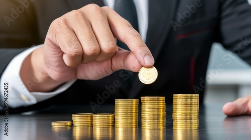 Wallpaper Mural Hand placing coin on stack of gold coins, white isolate background Torontodigital.ca