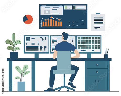 Data engineer working at data center. Flat design illustration