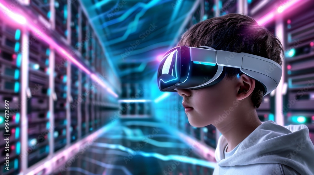 Kid with VR headset, exploring a futuristic digital space. Kid with VR headset, exploring a futuristic digital space.