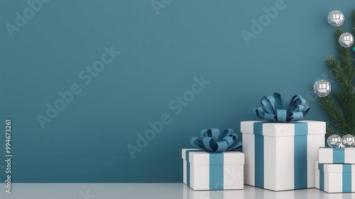 Blue and white gift boxes with Hanukkah decorations on blue background, 3D illustration. Hanukkah Festival, presents, celebration, ribbons