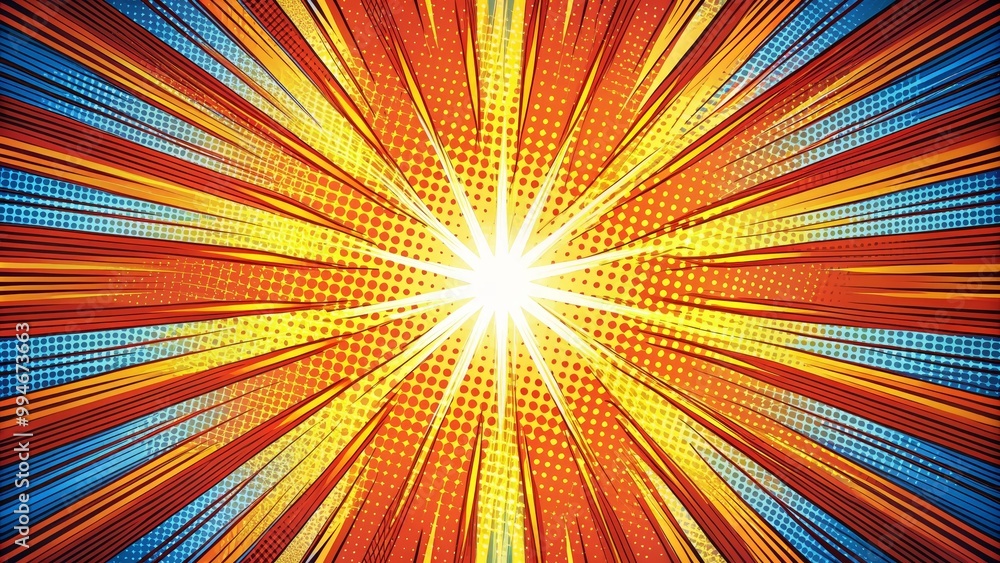 Fototapeta premium Comic book illustration with speed lines and halftone dots emanating from a red star
