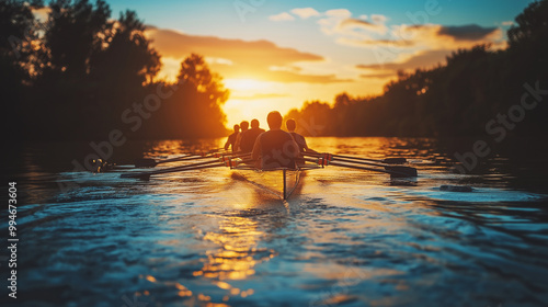 Rowers at Sunset on Calm Waters