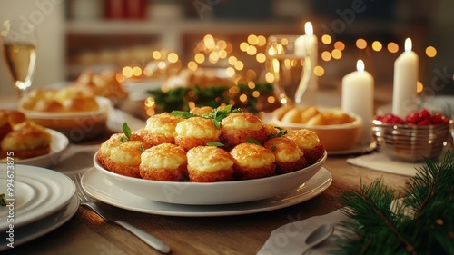 Traditional Hanukkah feast, latkes and sufganiyot, family gathered, 3D illustration  photo