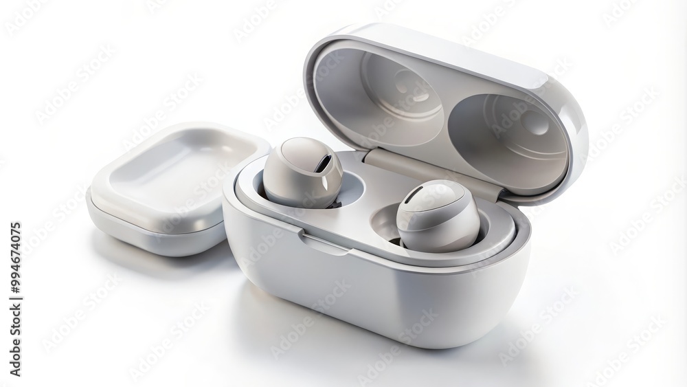 Set of white wireless earbuds are charging in their case, on a white background Set of white wireless earbuds are charging in their case, on a white background