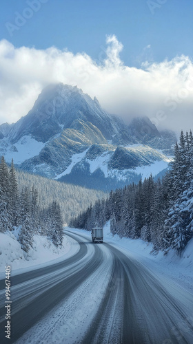 Winding Winter Road Through Snowy Mountains