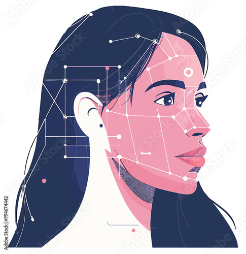 Applying AI in facial recognition. colorful banner, minimalist illustration