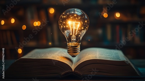 A transparent light bulb floating above an open book, emitting a soft glow, symbolizing the fusion of knowledge and creativity, set against a dark background