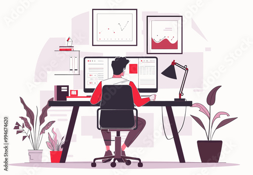 Freelancer working at home in a office desk with multiple screens. Minimalist illustration