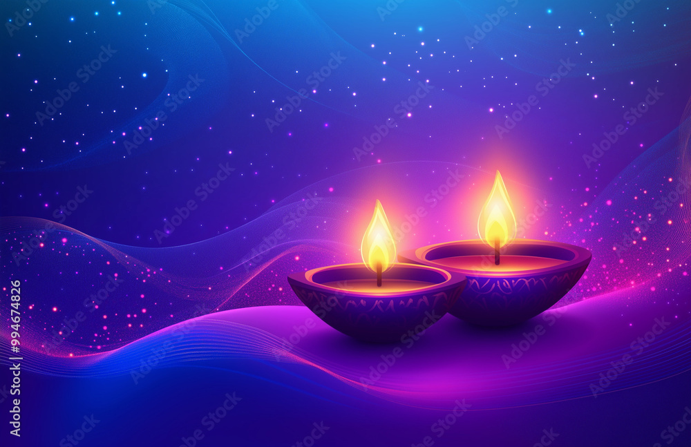 Two Diwali Diyas Glowing on Vibrant Purple and Blue Starry Background Two Diwali Diyas Glowing on Vibrant Purple and Blue Starry Background