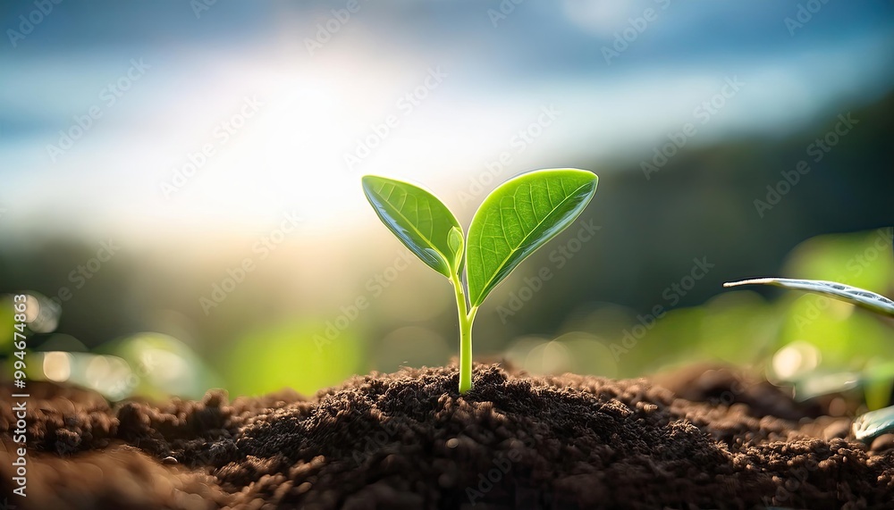 Fototapeta premium young green sprout breaking through the soil against the background of a green forest, sun rays. symbol of new life, startup and new beginning. revival of life, theme of ecology and nature.