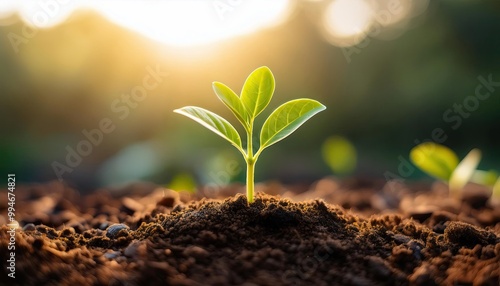 young green sprout breaking through the soil against the background of a green forest, sun rays. symbol of new life, startup and new beginning. revival of life, theme of ecology and nature.