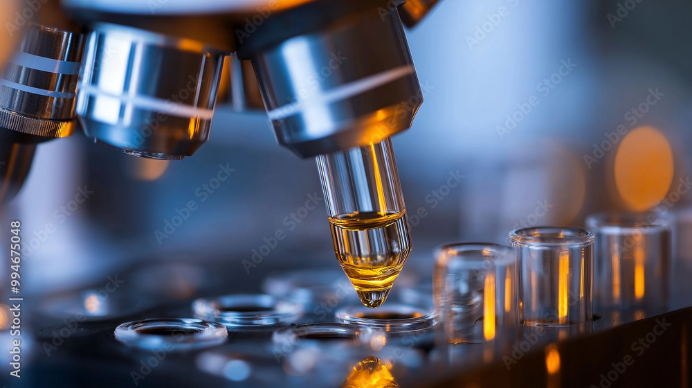 Microscope with Liquid Drop in Laboratory Setting Microscope with Liquid Drop in Laboratory Setting