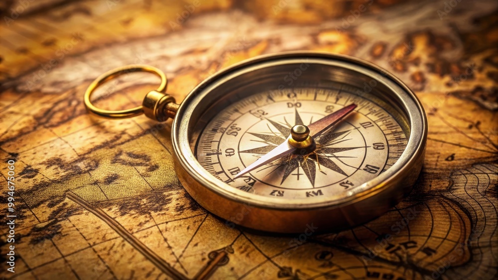 Golden navigational compass pointing north on an old map with warm lighting Golden navigational compass pointing north on an old map with warm lighting