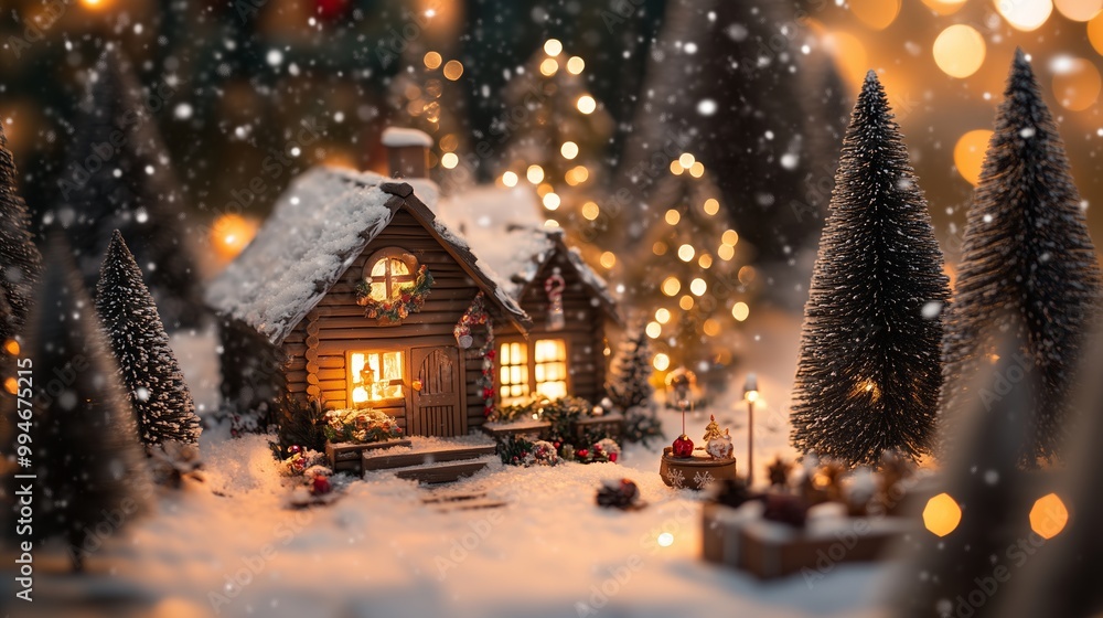 Fototapeta premium A cozy cabin glows warmly, with snow, a fireplace, treats, and a twinkling Christmas tree.