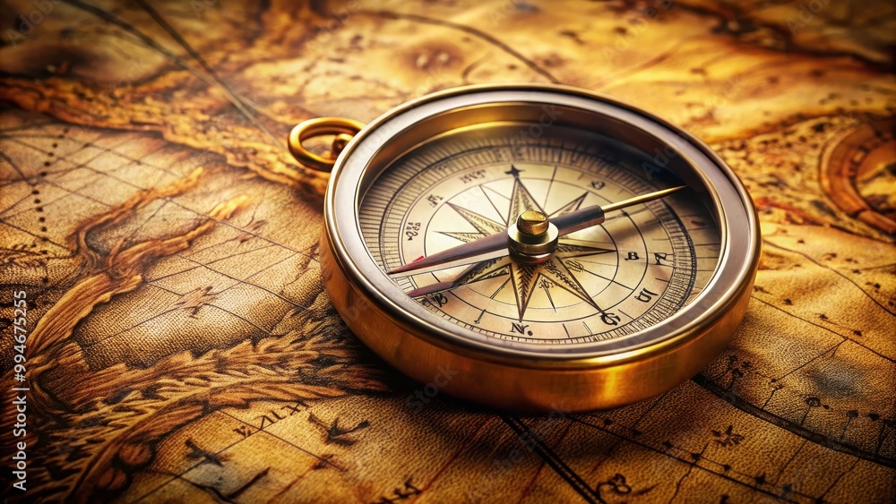 Golden navigational compass pointing north on an old map with warm lighting Golden navigational compass pointing north on an old map with warm lighting