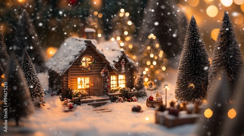 A cozy cabin glows warmly, with snow, a fireplace, treats, and a twinkling Christmas tree.