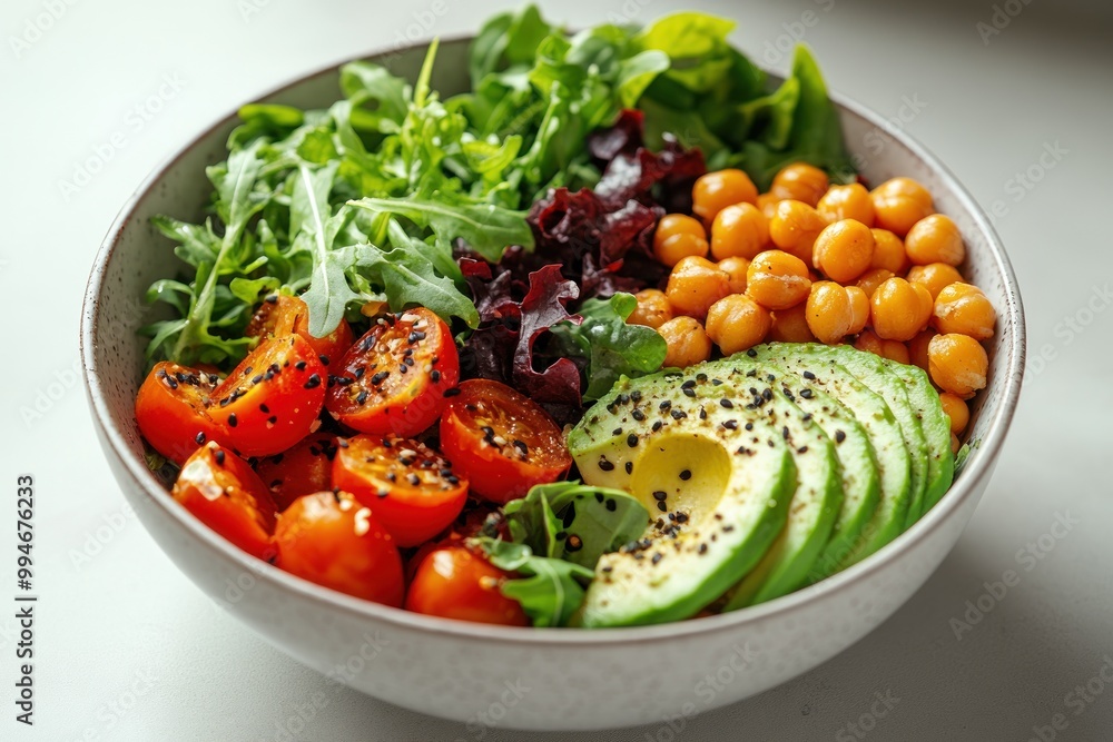 A Bowl of Colorful Salad with Chickpeas, Avocado, Cherry Tomatoes, and Greens A Bowl of Colorful Salad with Chickpeas, Avocado, Cherry Tomatoes, and Greens