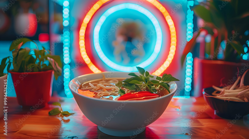 Pho served with a side of hoisin sauce and sriracha, captured using an ultra HD camera with a ring light for even illumination Pho served with a side of hoisin sauce and sriracha, captured using an ultra HD camera with a ring light for even illumination