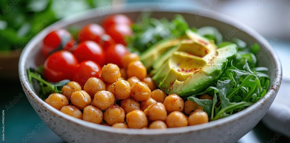 Bowl of Roasted Chickpeas, Avocado, Tomatoes, and Arugula Bowl of Roasted Chickpeas, Avocado, Tomatoes, and Arugula