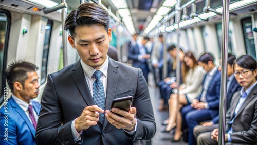 A businessman dressed in a suit using a smartphone while commuting on a subway. Other passengers are seated in the background, creating a busy urban atmosphere. photo