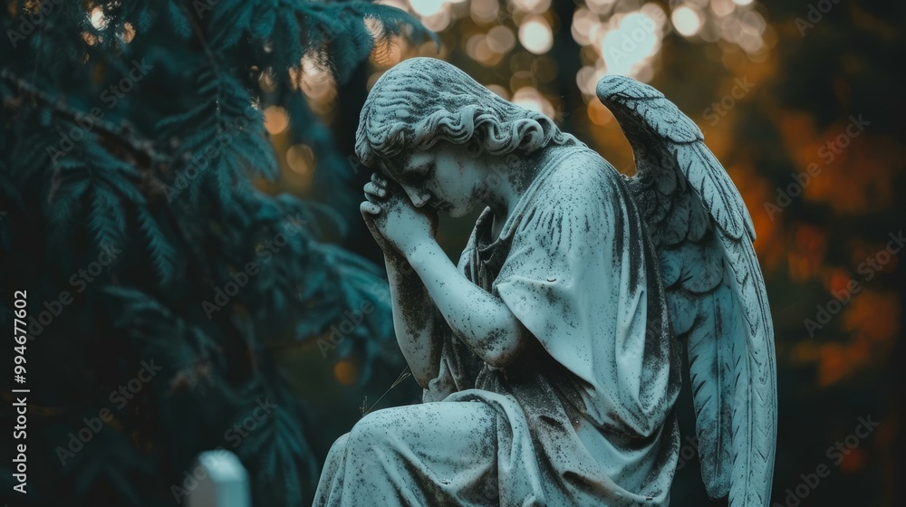 Obraz premium Melancholy angel statue in serene forest setting, symbolizing sadness and reflection
