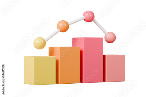 3D Bar Chart with arrow rising icon on isolated purple background. Soaring finances, strengthening currency concept. Minimal Data analysis bar pie graph growth up with an arrow rising icon. 3d render.