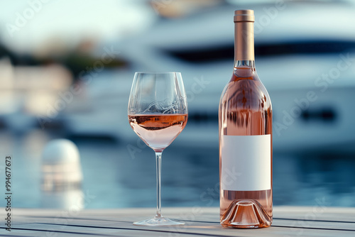 A bottle of rose wine with a blank mock-up label and a wine glass against the sea at sunset. photo