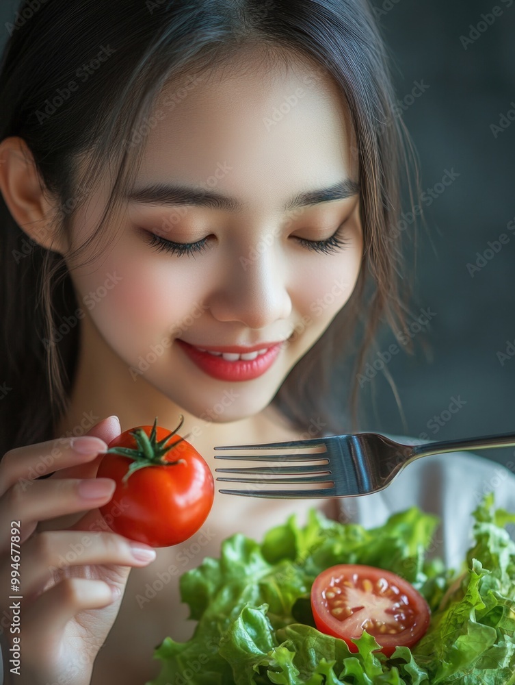 Fresh and Healthy Food Concept - Young Woman Enjoying Salad Fresh and Healthy Food Concept - Young Woman Enjoying Salad