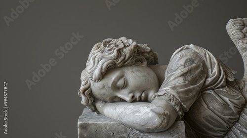  Marble statue of a sleeping angel epitomizing tranquility and divine peace against a neutral background