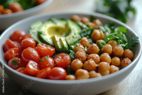 Roasted Chickpeas, Tomatoes, Avocado, and Greens in a Bowl