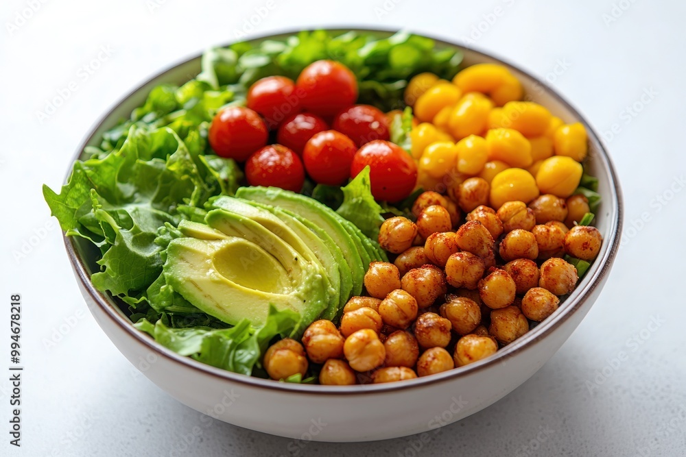 A Bowl of Colorful Salad with Avocado, Cherry Tomatoes, and Roasted Chickpeas A Bowl of Colorful Salad with Avocado, Cherry Tomatoes, and Roasted Chickpeas