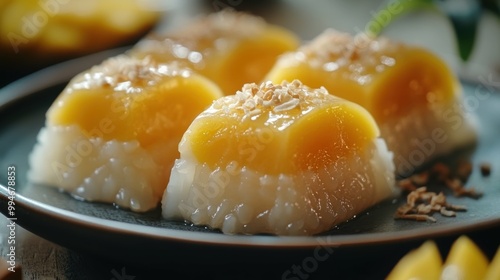 Exquisite Macro Close-Up of Silky Lao Khao Niaow Ma Muang Dessert Filling Texture photo