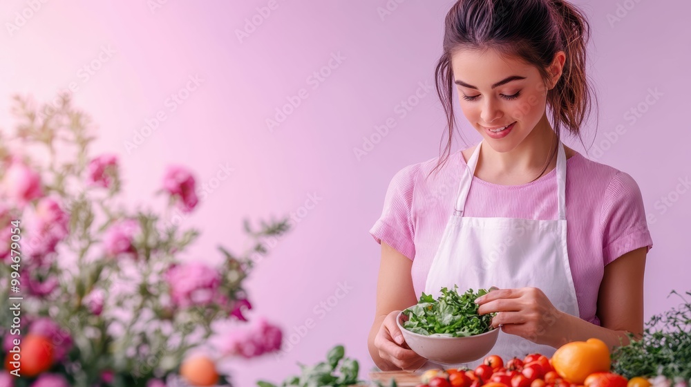 Portrait of a busy parent preparing a meal, set against a plain, soft lavender background with copy space Portrait of a busy parent preparing a meal, set against a plain, soft lavender background with copy space