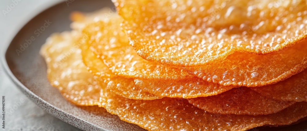 Dramatic close-up of a freshly fried, golden Thai kanom krok (coconut pancakes) with their crisp, lacy edges, displayed on a white backdrop Dramatic close-up of a freshly fried, golden Thai kanom krok (coconut pancakes) with their crisp, lacy edges, displayed on a white backdrop