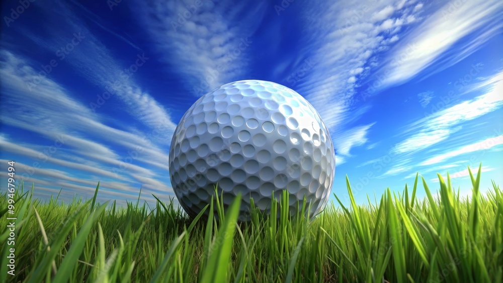 White golf ball sitting on lush green grass with a partly cloudy blue sky in the background White golf ball sitting on lush green grass with a partly cloudy blue sky in the background